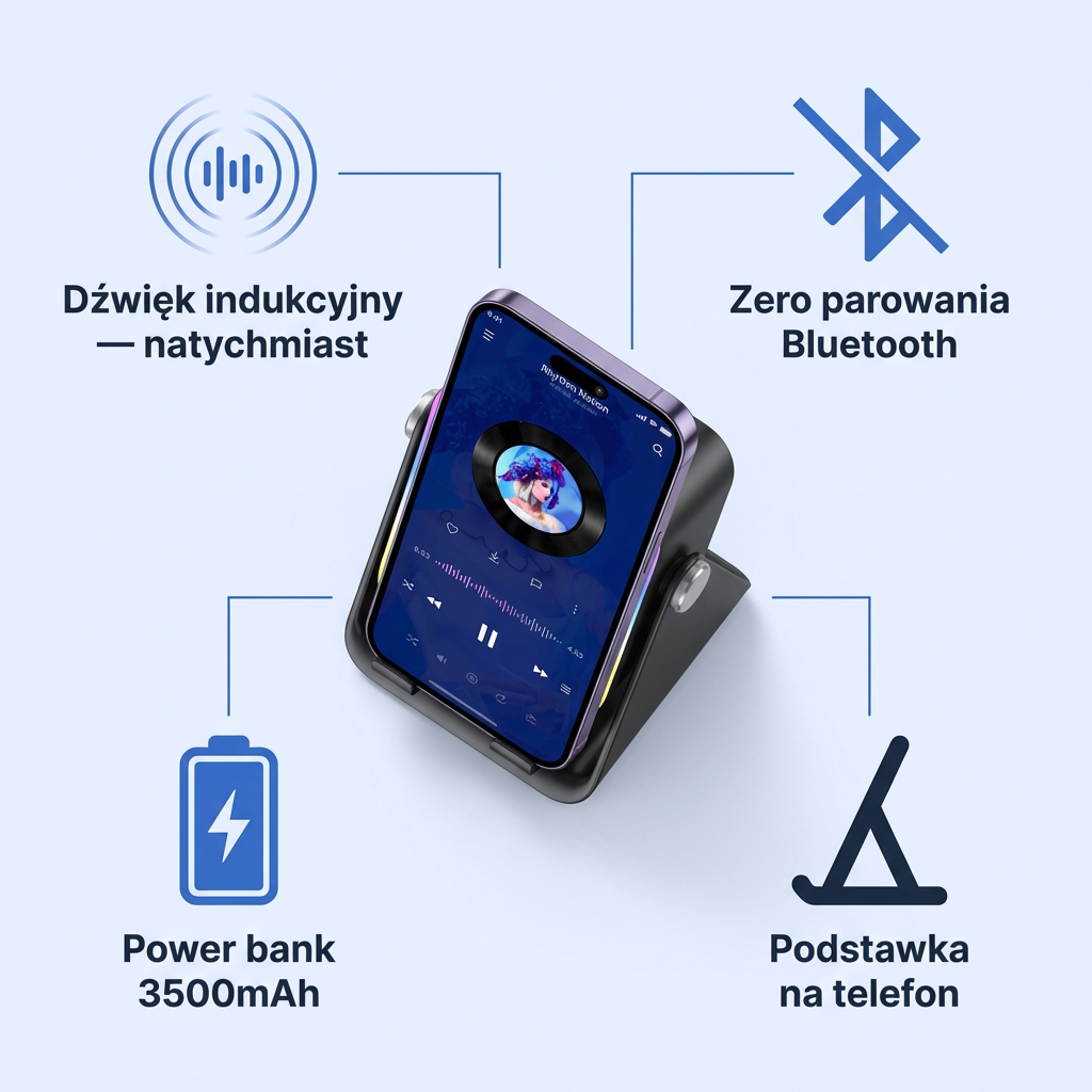 Głośnik Indukcyjny 3w1 z Podstawką i Power Bankiem | SOUNDOCK