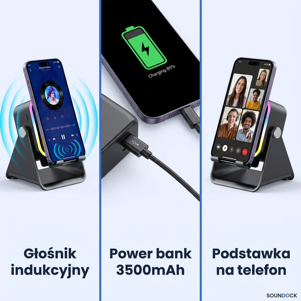 Głośnik Indukcyjny 3w1 z Podstawką i Power Bankiem | SOUNDOCK