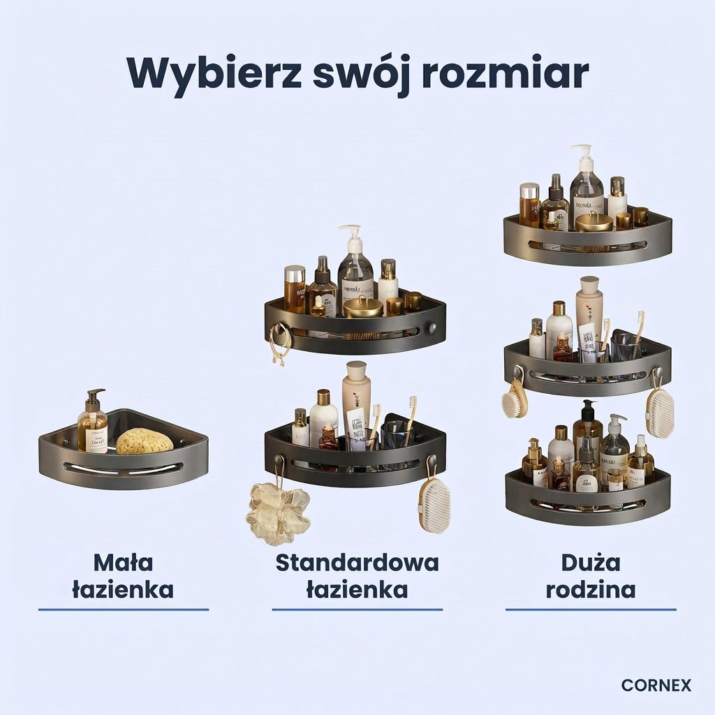 Narożna Półka Łazienkowa bez Wiercenia 2-Poziomowa | CORNEX