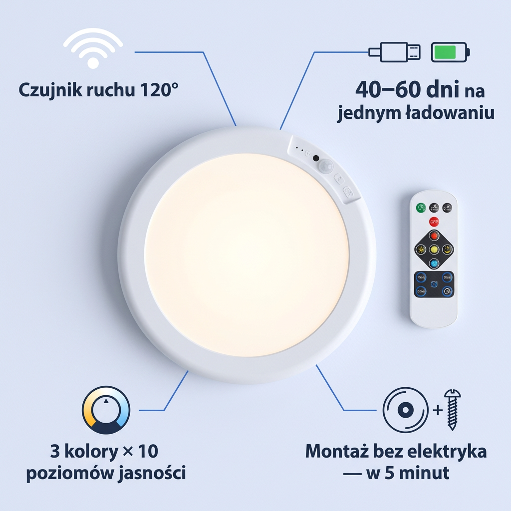 Bezprzewodowa Lampa Sufitowa LED z Czujnikiem Ruchu i Pilotem | CEILIX