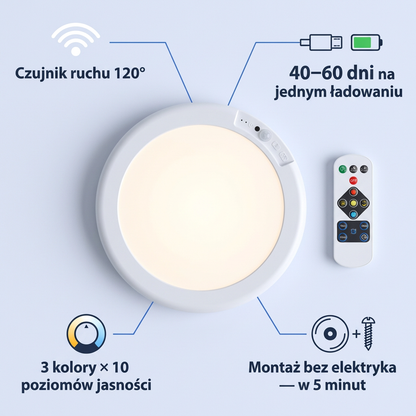 Bezprzewodowa Lampa Sufitowa LED z Czujnikiem Ruchu i Pilotem | CEILIX